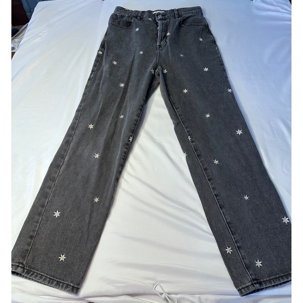 PacSun High Rise Straight Leg Jeans Black Daisy Embroidered Floral Size 26